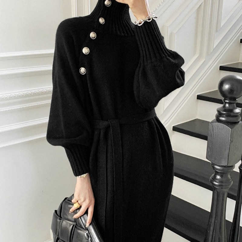 Women Autumn Winter Elegant Turtleneck Long Knitted Sweater Dress Belt Slanted Buttons Lantern Sleeve Pullover Slim Waist