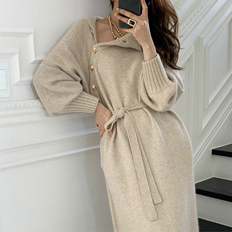 Women Autumn Winter Elegant Turtleneck Long Knitted Sweater Dress Belt Slanted Buttons Lantern Sleeve Pullover Slim Waist