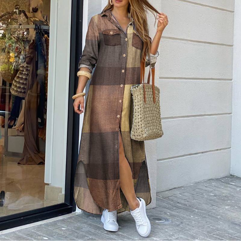 Women Maxi Plaid Robe Dress