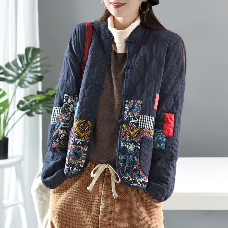 Women Arts Style Long Sleeve Vintage Short Coat Patchwork Cotton