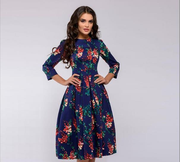 Retro Tunic 3/4 Long Sleeved Floral Print Bodycon Dresses