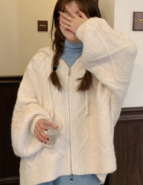 Oversize Knitted Cardigan Casual Hooded Twist Sweater Zipper Long Sleeve Crochet