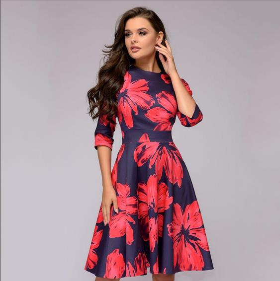 Retro Tunic 3/4 Long Sleeved Floral Print Bodycon Dresses