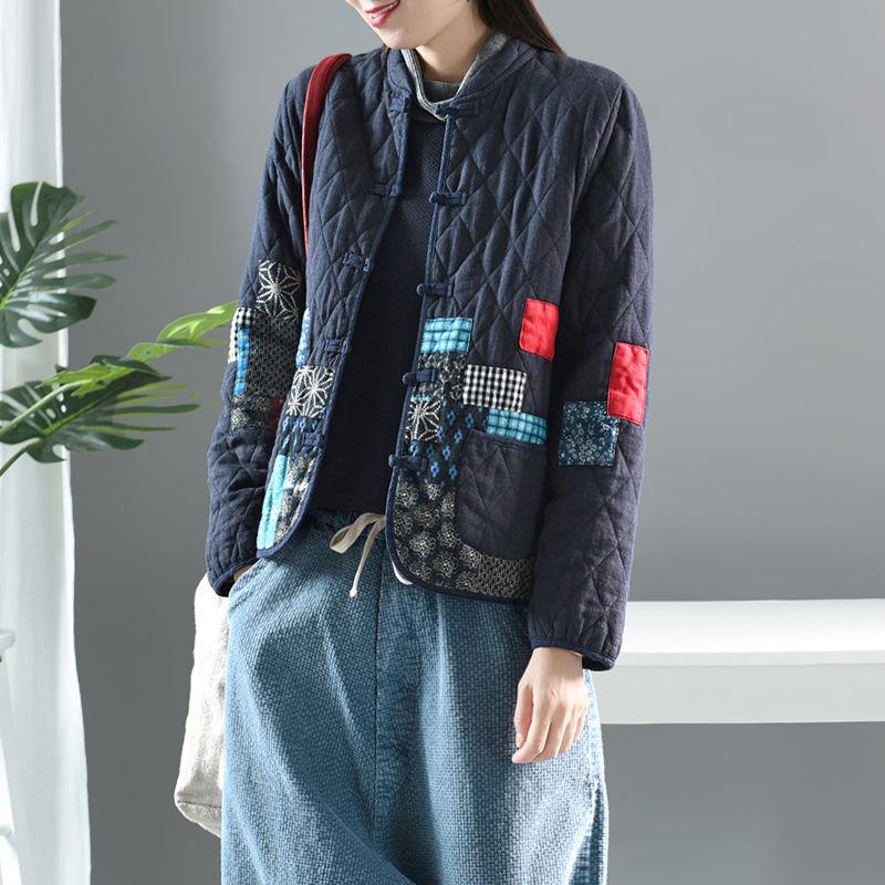 Women Arts Style Long Sleeve Vintage Short Coat Patchwork Cotton