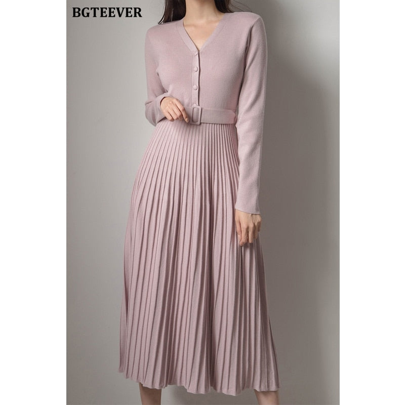 V-neck Thicken Sweater Dress Knitted Belted A-line soft dresses