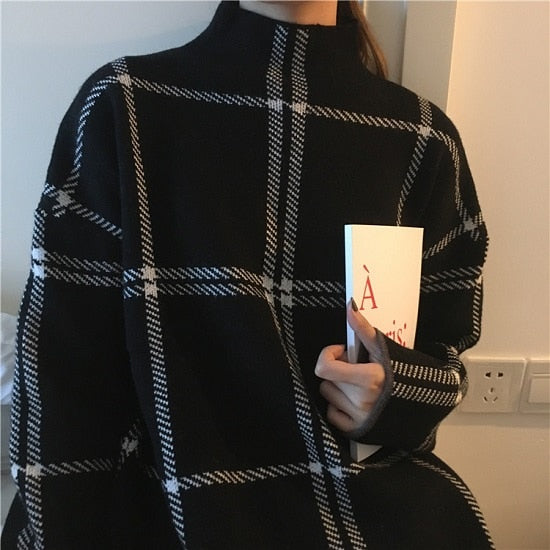 2023 Winter New Women's Pullovers Sweater Fashion Plaid Turtleneck Loose Knit Full Sleeve Casual Tops