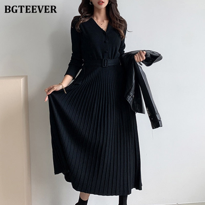 V-neck Thicken Sweater Dress Knitted Belted A-line soft dresses