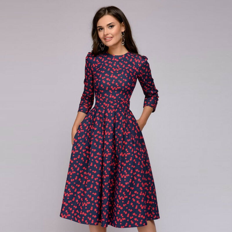 Retro Tunic 3/4 Long Sleeved Floral Print Bodycon Dresses