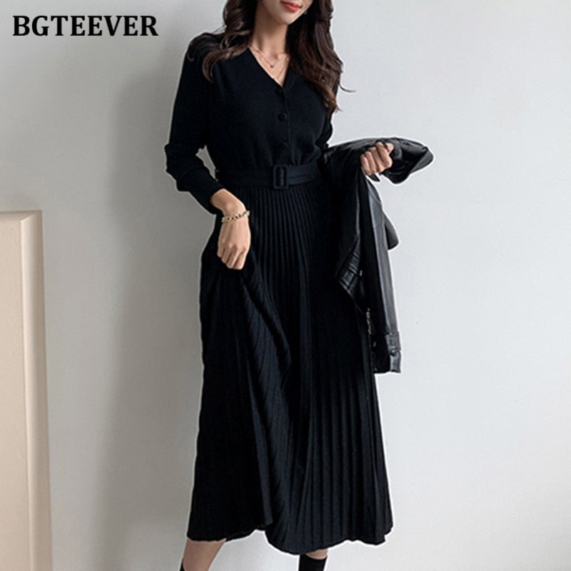 V-neck Thicken Sweater Dress Knitted Belted A-line soft dresses