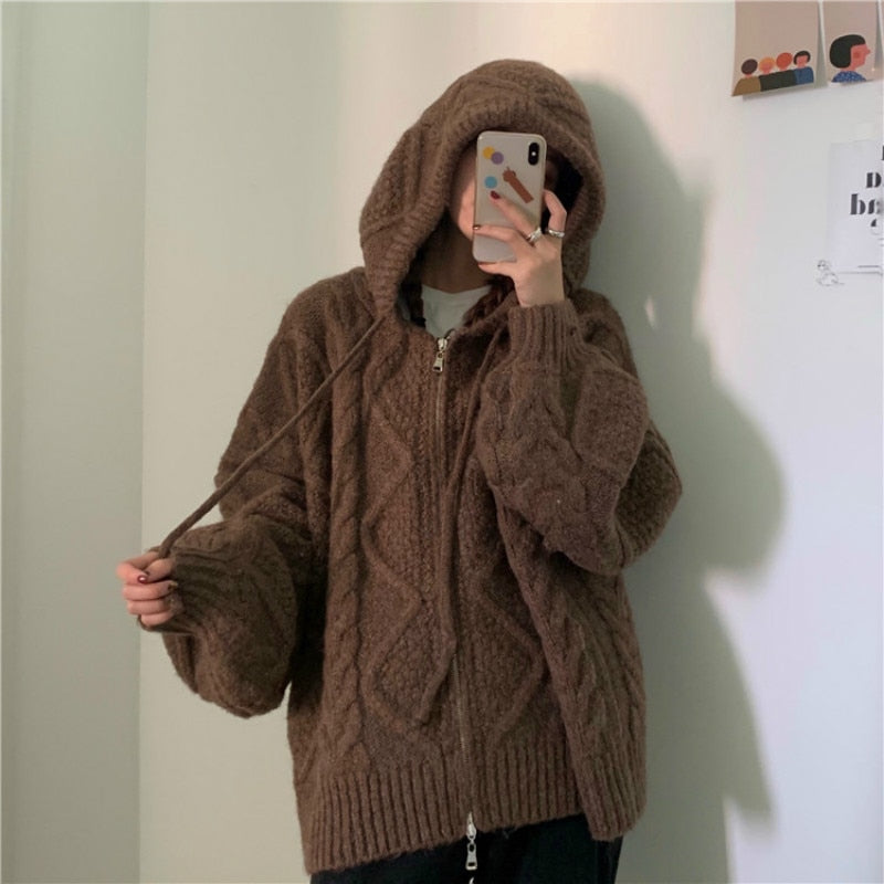 Oversize Knitted Cardigan Casual Hooded Twist Sweater Zipper Long Sleeve Crochet