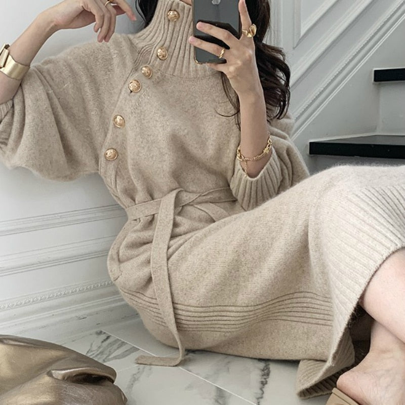 Women Autumn Winter Elegant Turtleneck Long Knitted Sweater Dress Belt Slanted Buttons Lantern Sleeve Pullover Slim Waist