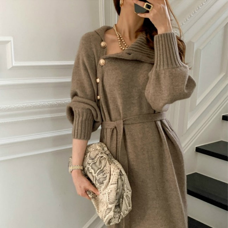 Women Autumn Winter Elegant Turtleneck Long Knitted Sweater Dress Belt Slanted Buttons Lantern Sleeve Pullover Slim Waist