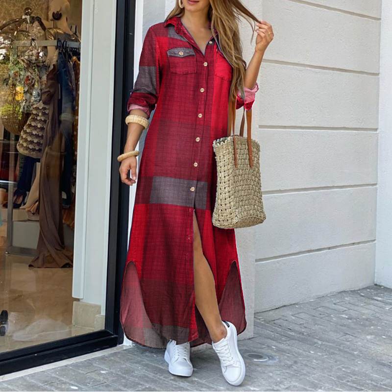 Women Maxi Plaid Robe Dress