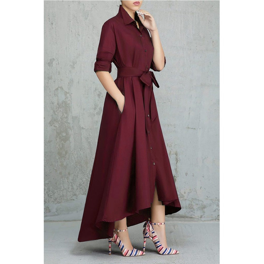 Office Lady A Line Turn-down Collar Lace Up Vestido Dress