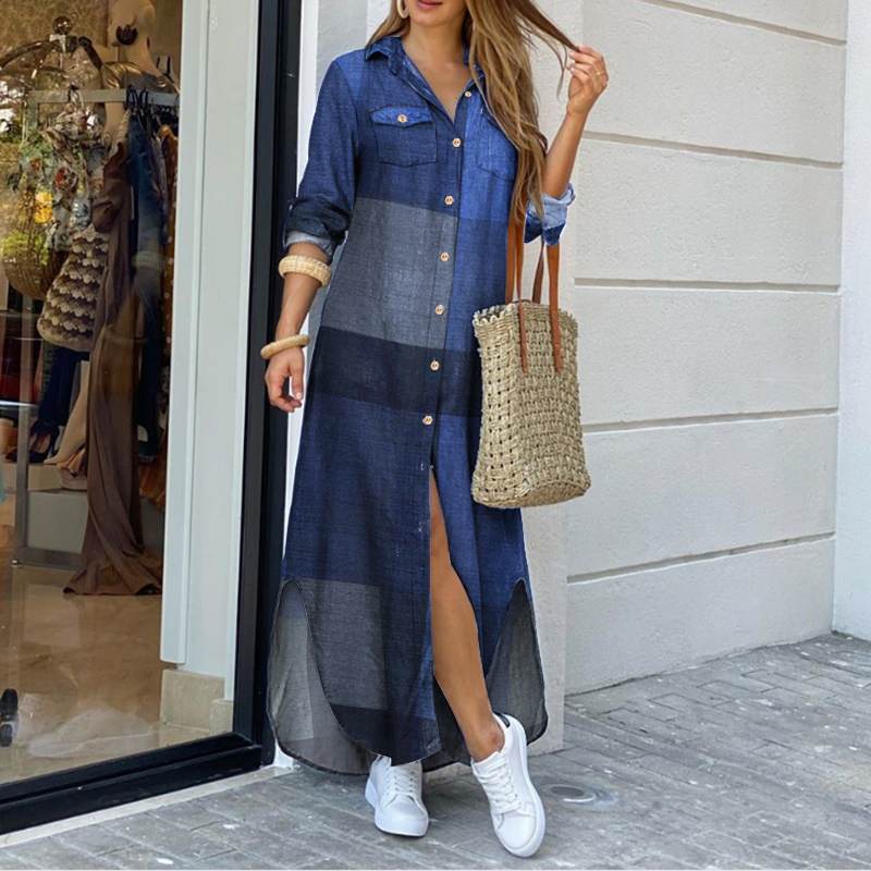 Women Maxi Plaid Robe Dress