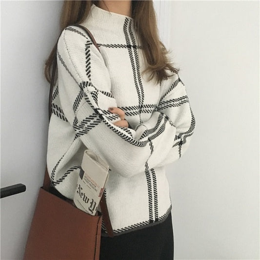 2023 Winter New Women's Pullovers Sweater Fashion Plaid Turtleneck Loose Knit Full Sleeve Casual Tops