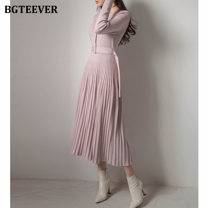 V-neck Thicken Sweater Dress Knitted Belted A-line soft dresses