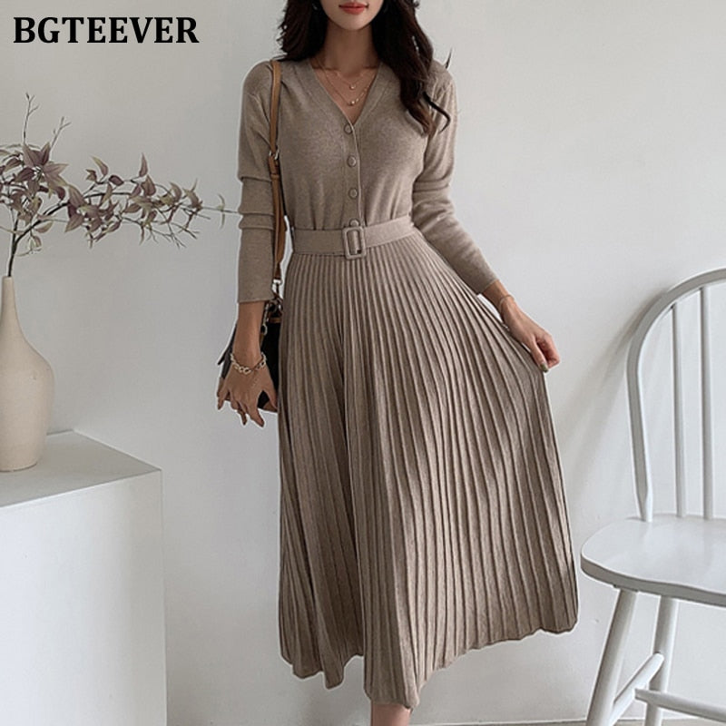 V-neck Thicken Sweater Dress Knitted Belted A-line soft dresses