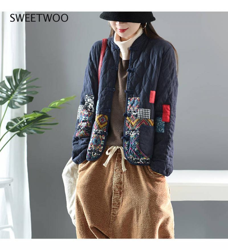 Women Arts Style Long Sleeve Vintage Short Coat Patchwork Cotton