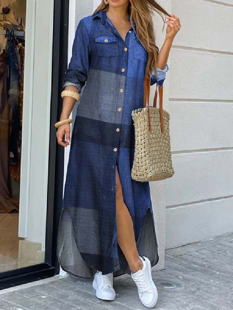 Women Maxi Plaid Robe Dress