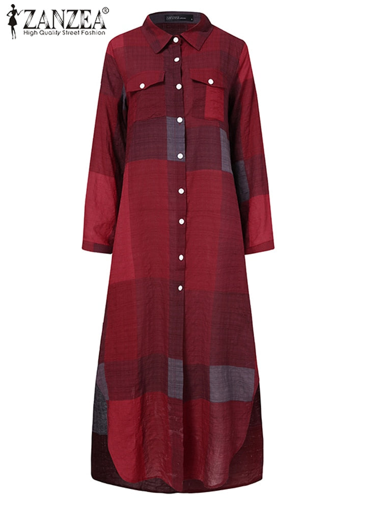 Women Maxi Plaid Robe Dress