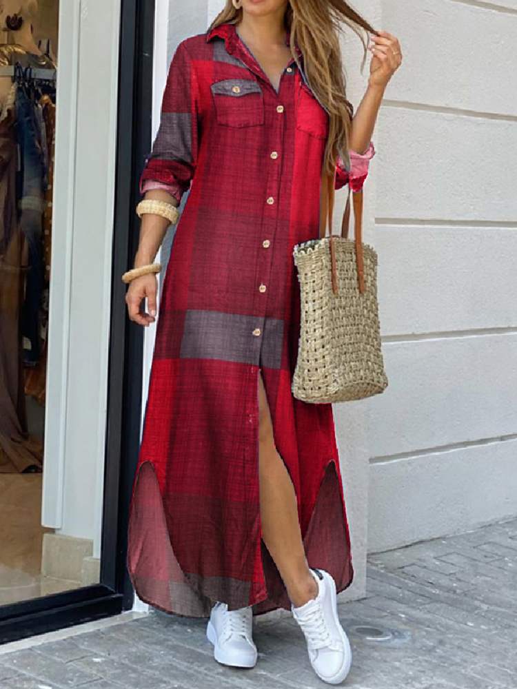 Women Maxi Plaid Robe Dress