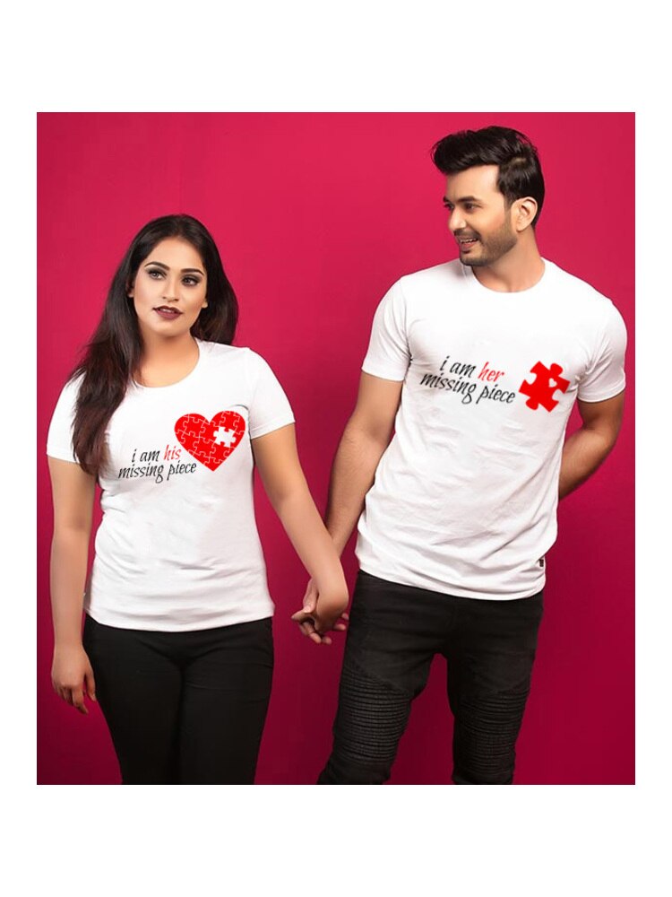 I Am Her Missing Piece & I Am His Missing Piece Couple TShirt for Lovers Husband Wife Harajuku Matching Shirt Valentine Day Gift