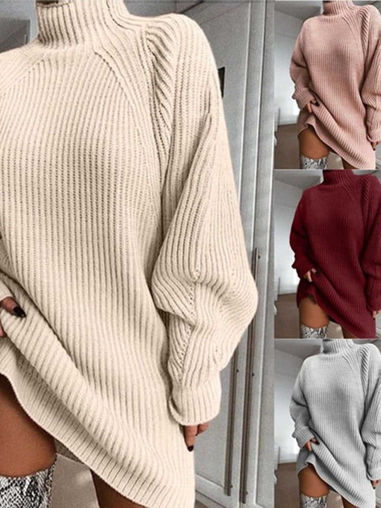 Turtleneck Oversized Knitted Dress Solid Long Sleeve Mini Sweater Dress