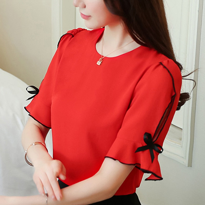 Chiffon Bow Short Women Blouse