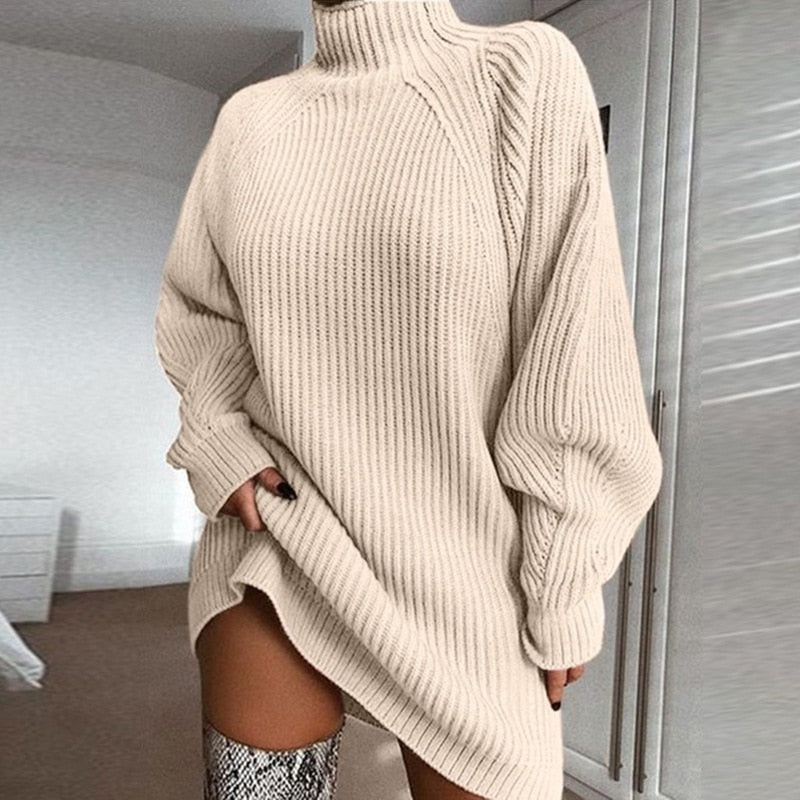 Turtleneck Oversized Knitted Dress Solid Long Sleeve Mini Sweater Dress