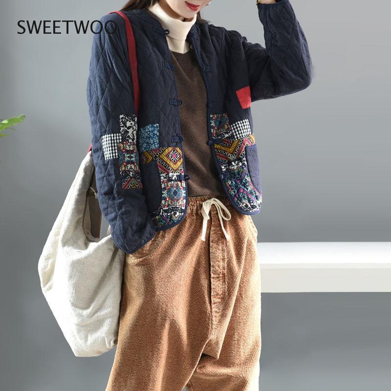 Women Arts Style Long Sleeve Vintage Short Coat Patchwork Cotton