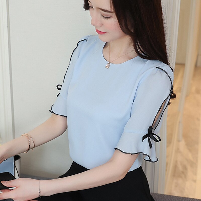 Chiffon Bow Short Women Blouse