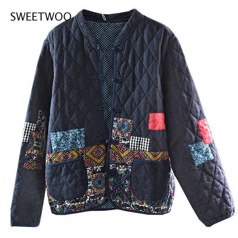 Women Arts Style Long Sleeve Vintage Short Coat Patchwork Cotton