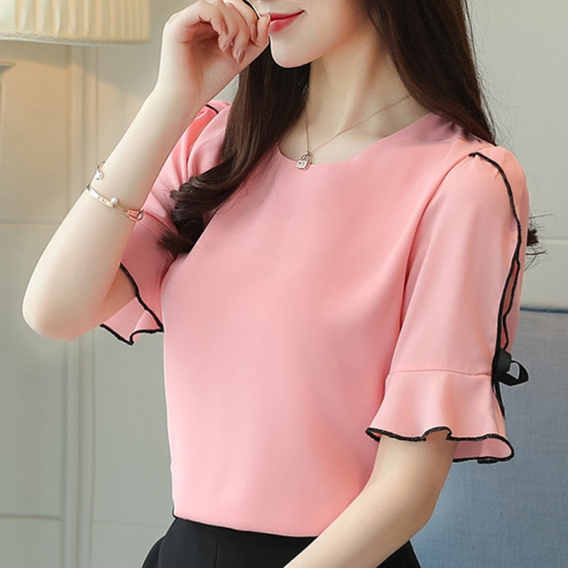 Chiffon Bow Short Women Blouse