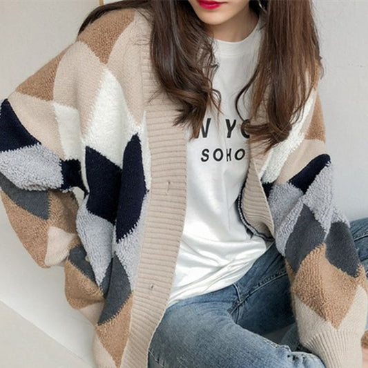 Plaid Chic Cardigans Button Puff Sleeve Checkered Oversized Sweaters