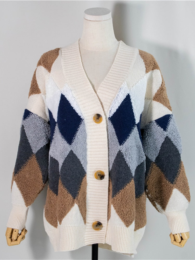 Plaid Chic Cardigans Button Puff Sleeve Checkered Oversized Sweaters