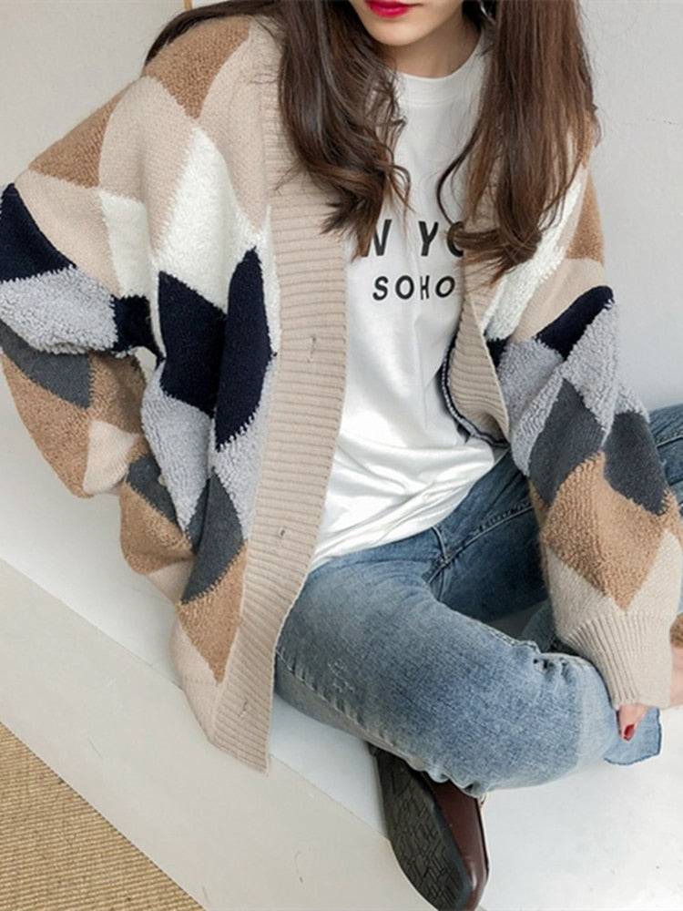 Plaid Chic Cardigans Button Puff Sleeve Checkered Oversized Sweaters