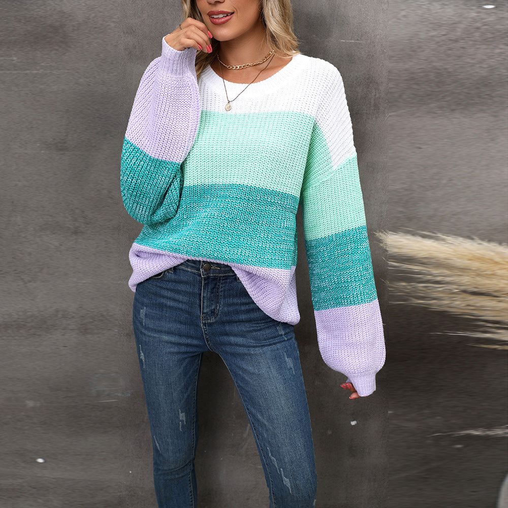 Stitching Contrast Color Large Size Loose Pullover Sweater