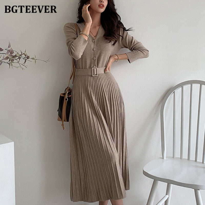 V-neck Thicken Sweater Dress Knitted Belted A-line soft dresses