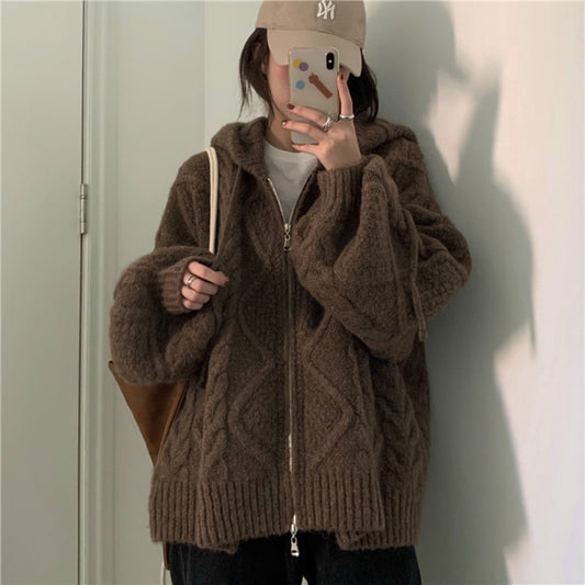 Oversize Knitted Cardigan Casual Hooded Twist Sweater Zipper Long Sleeve Crochet