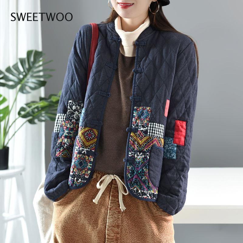 Women Arts Style Long Sleeve Vintage Short Coat Patchwork Cotton