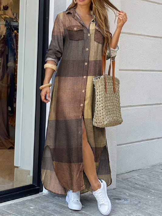 Women Maxi Plaid Robe Dress