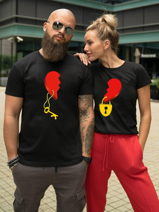 King Queen Couples T Shirt Splicing Key Lock Heart Printed Women Men TShirt Summer T-shirt Casual O-neck Tops Lovers Tee Shirt