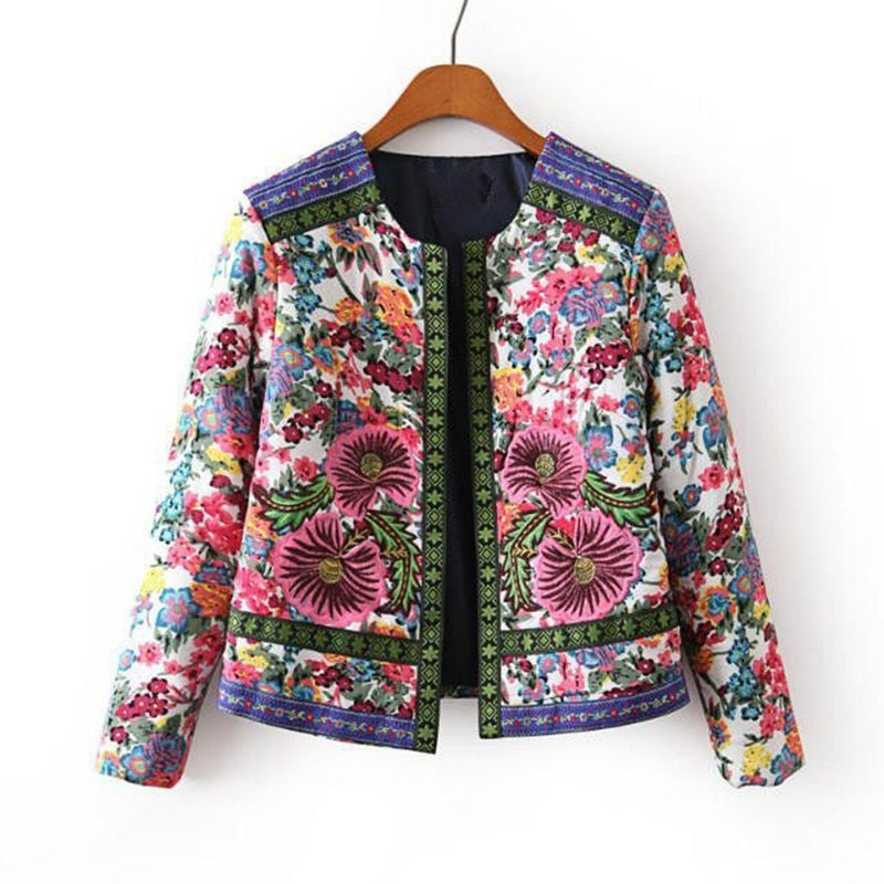 Floral Print Cotton Arts Style Women Long Sleeve Open Stitch Short Coat